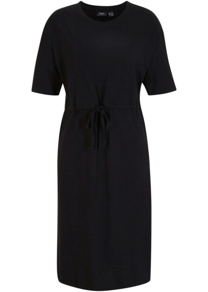 Jerseykleid mit Bindeband und Seitenschlitz, wadenlang in schwarz von vorne - bpc bonprix collection