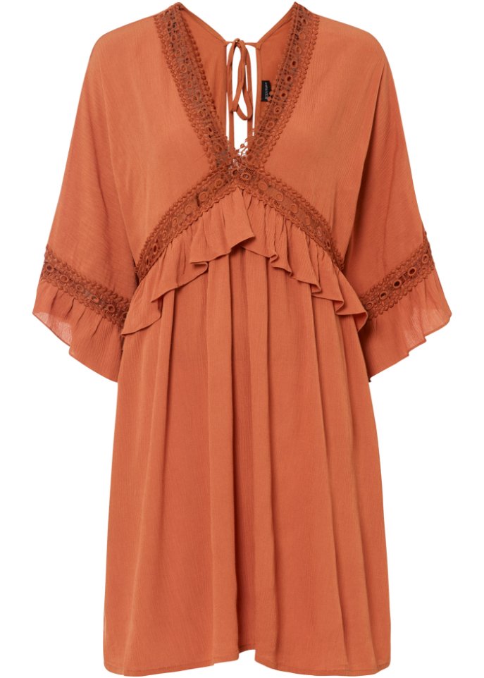 Kleid mit Spitzeneinsatz in orange von vorne - BODYFLIRT