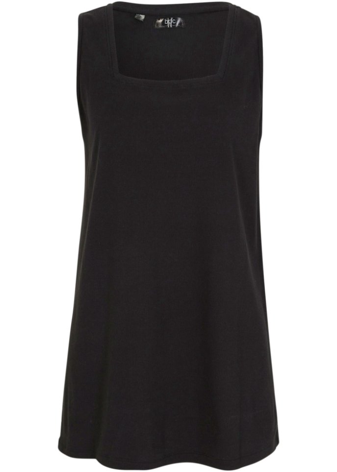 Geripptes Baumwoll-Long-Top mit Karree-Ausschnitt und breiten Trägern in schwarz von vorne - bpc bonprix collection