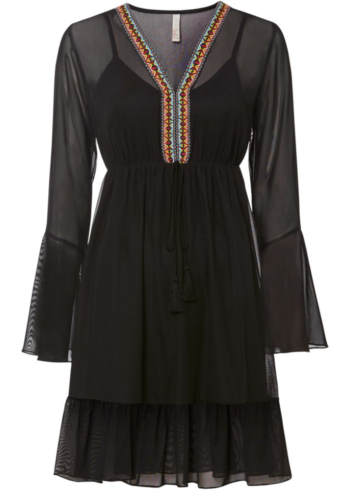Mesh-Kleid mit dekorativem Spitzenband in schwarz von vorne - BODYFLIRT boutique