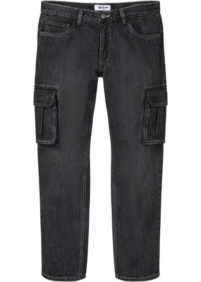 Loose Fit Cargo-Jeans, Straight in schwarz von vorne - John Baner JEANSWEAR