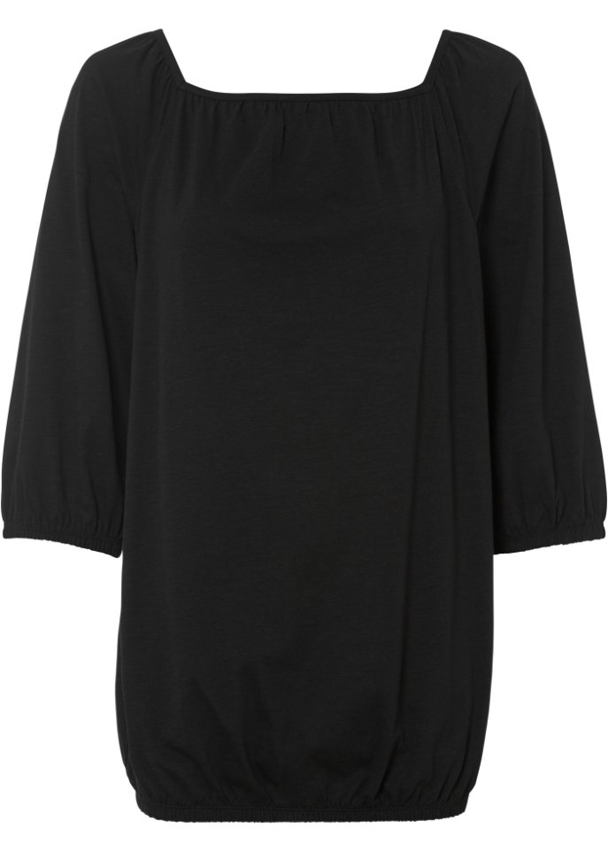 Baumwoll-Shirt mit Karree-Ausschnitt und Gummibund am Saum, halbarm  in schwarz von vorne - bpc bonprix collection