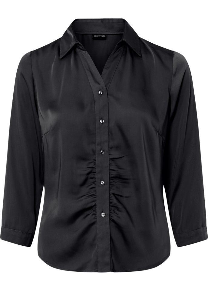 Satin-Bluse mit 3/4-Arm in schwarz von vorne - BODYFLIRT