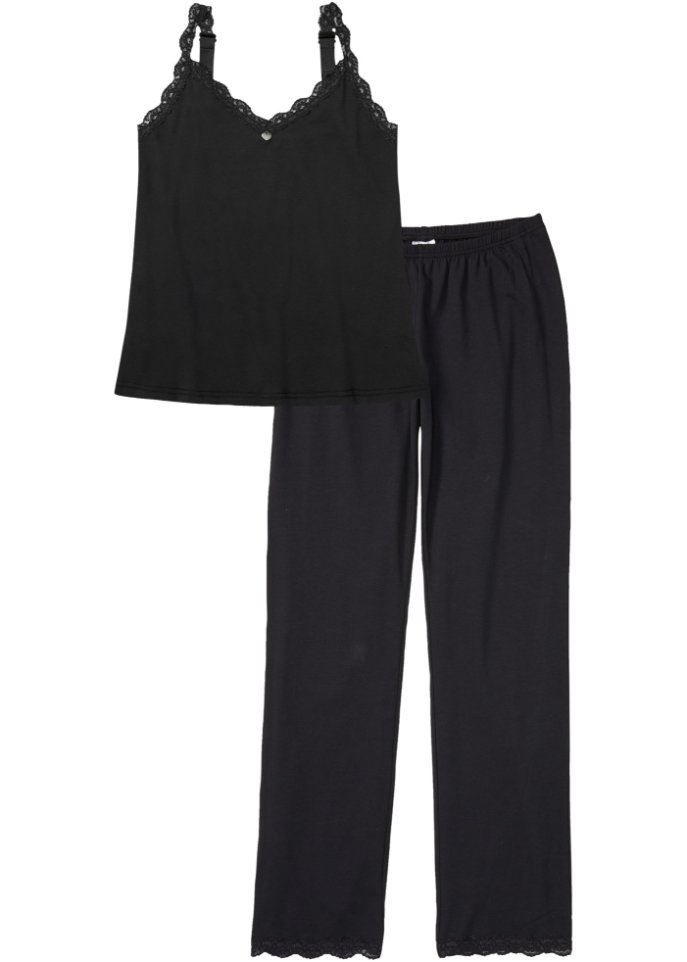 Pyjama mit Spaghettiträgern und Spitze in schwarz von vorne - bpc bonprix collection