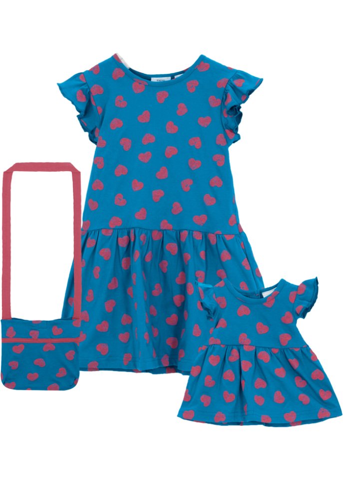 Mädchen Jerseykleid + Tasche + Puppenkleid (3-tlg. Set) aus Bio-Baumwolle in blau von vorne - bpc bonprix collection