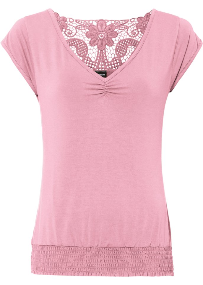 Shirt mit Spitzen-Einsatz in rosa von vorne - BODYFLIRT