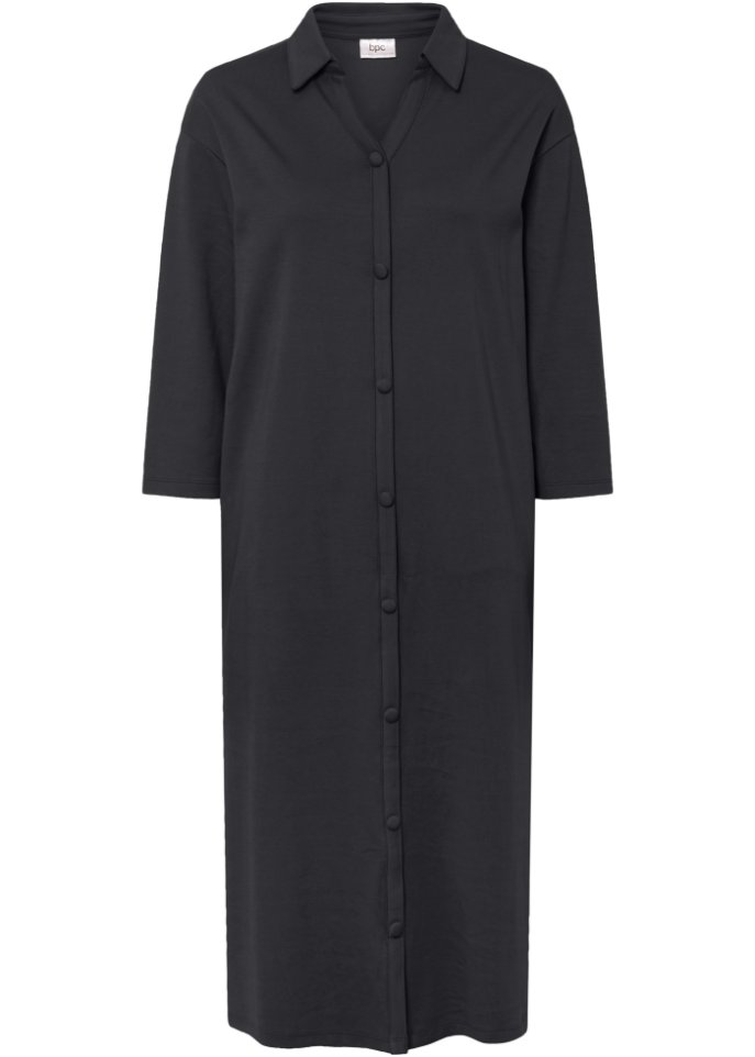 Shirt-Blusen-Kleid in Midi-Länge aus Baumwolle in schwarz von vorne - bpc bonprix collection