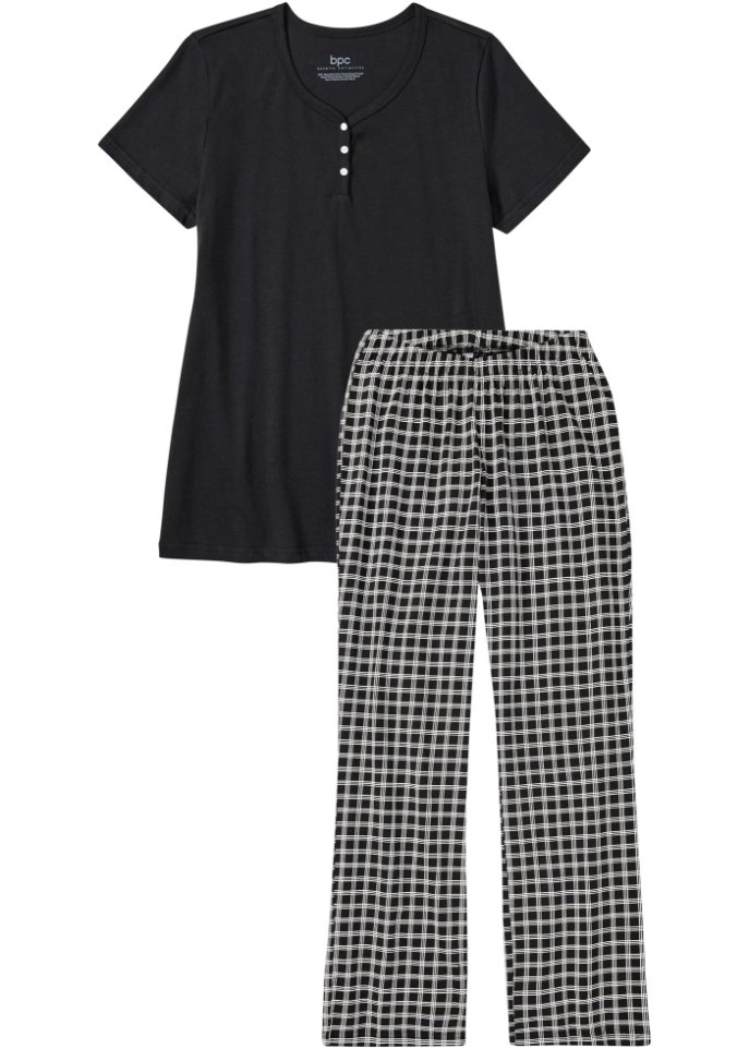 Pyjama mit Knopfleiste in schwarz von vorne - bpc bonprix collection