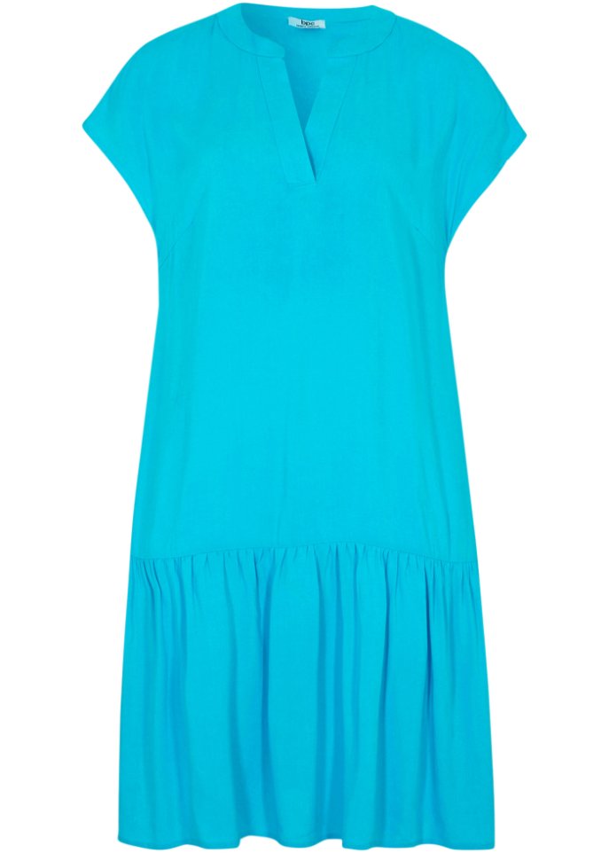 Knieumspielendes Tunika-Web-Kleid mit Volants und Henley-Kragen in blau von vorne - bpc bonprix collection