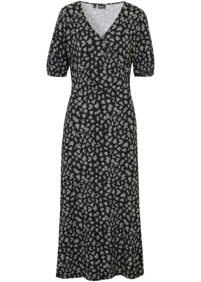Jersey-Midi-Kleid in Wickeloptik, kurzarm in schwarz von vorne - bpc bonprix collection