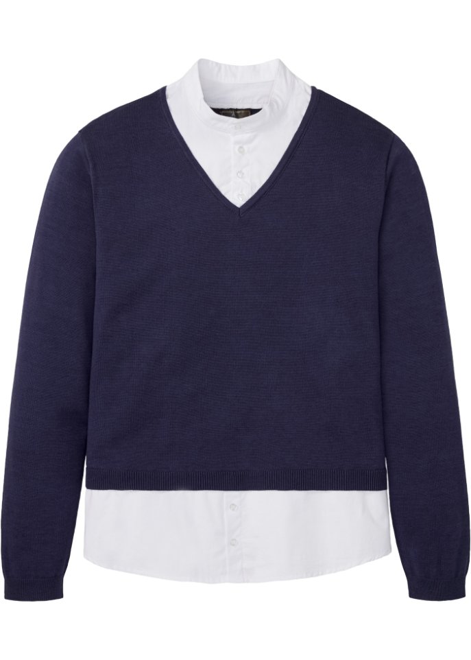 Pullover mit Hemdeinsatz in blau von vorne - bpc selection