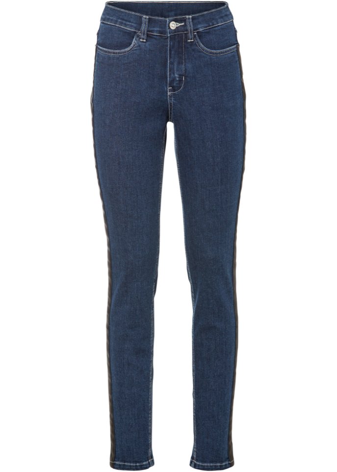 Stretch-Jeans mit Lederimitateinsatz in blau von vorne - BODYFLIRT