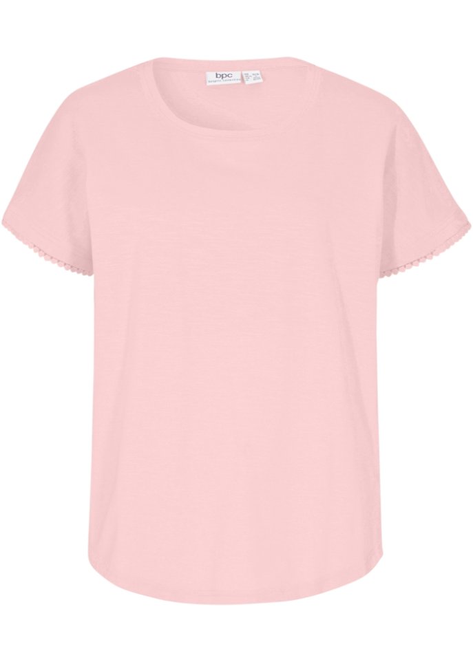 Flammgarn-Shirt mit Spitzenkante am Ärmelsaum, kurzarm  in rosa von vorne - bpc bonprix collection