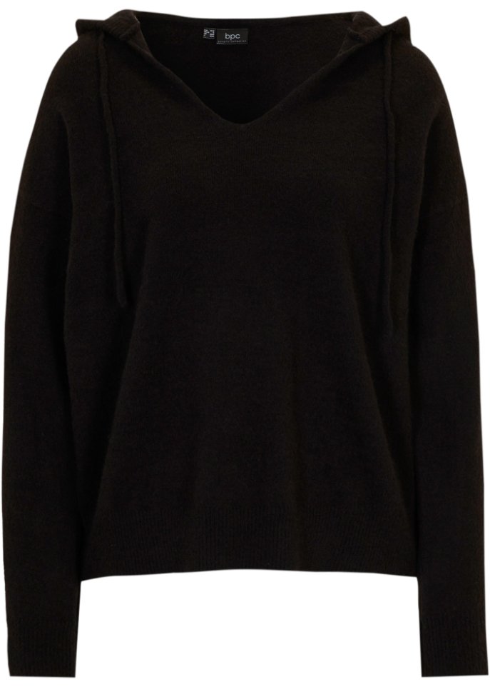 Strick-Pullover mit V-Ausschnitt und Kapuze in schwarz von vorne - bpc bonprix collection