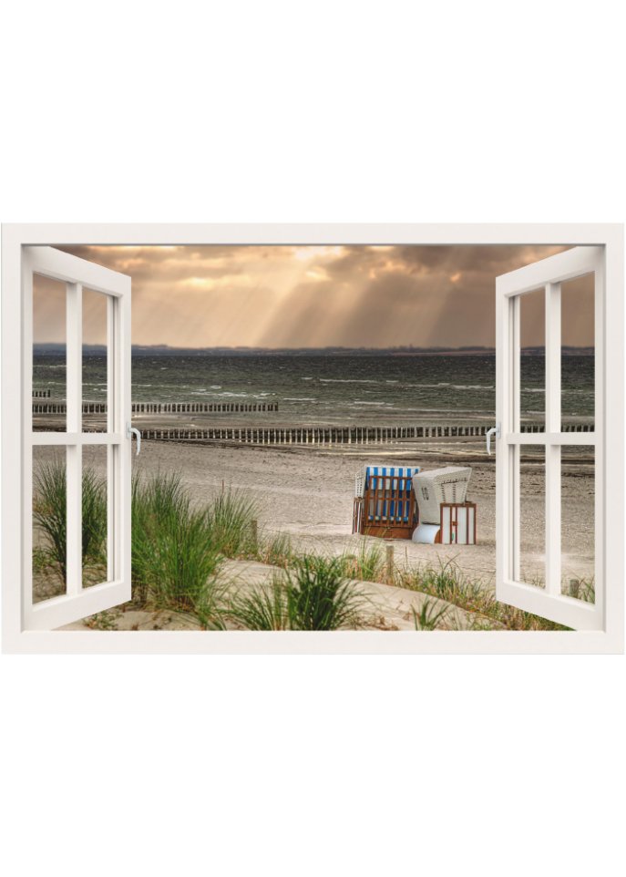 Alubild mit Fensterblick auf Strand in beige - bpc living bonprix collection