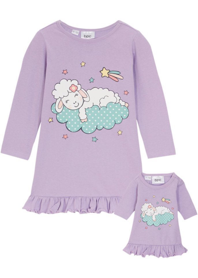 Mädchen Nachthemd + Puppenkleid (2-tlg. Set) in lila von vorne - bpc bonprix collection