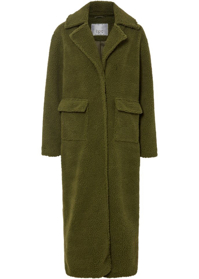 Long-Teddy-Mantel mit Taschen in grün von vorne - bpc bonprix collection