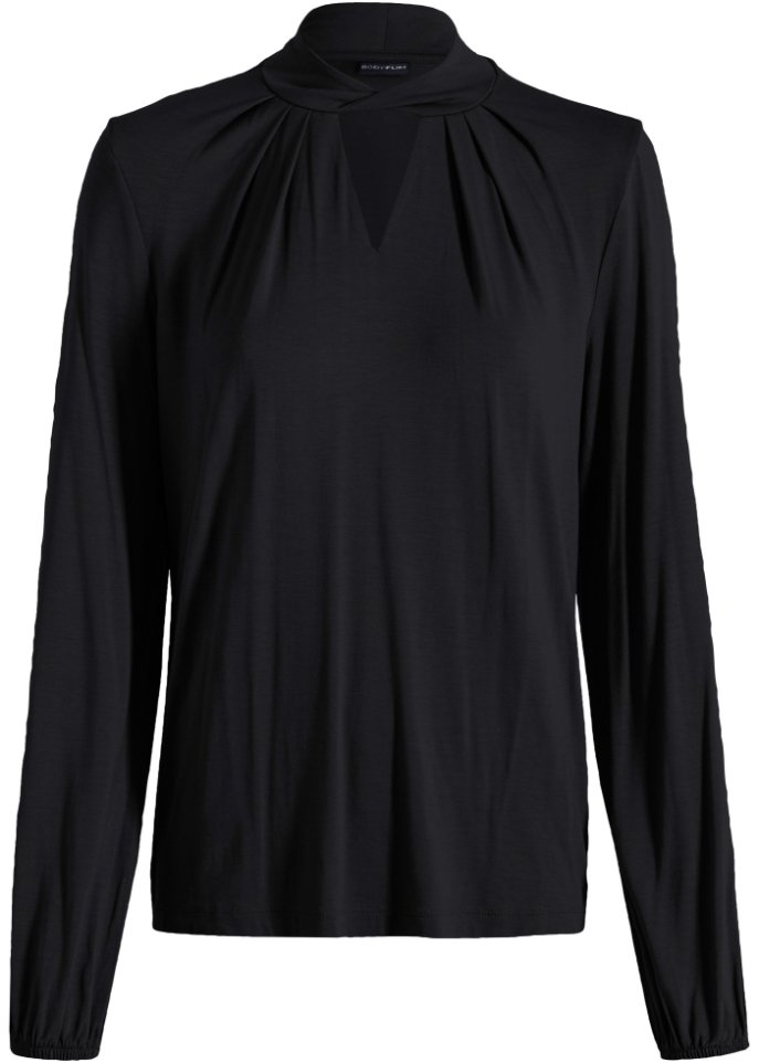 Shirt mit Twist am Halsausschnitt in schwarz von vorne - BODYFLIRT