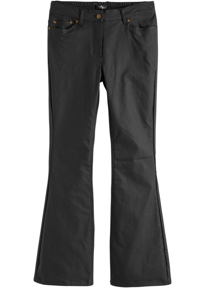 High-Waist-Stretch-Hose mit Beschichtung und Bequembund, Flared in schwarz von vorne - bpc bonprix collection