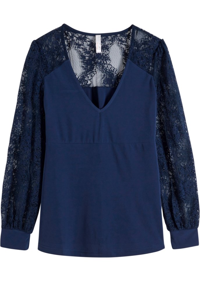 Langarmshirt mit Spitze  in blau von vorne - BODYFLIRT boutique