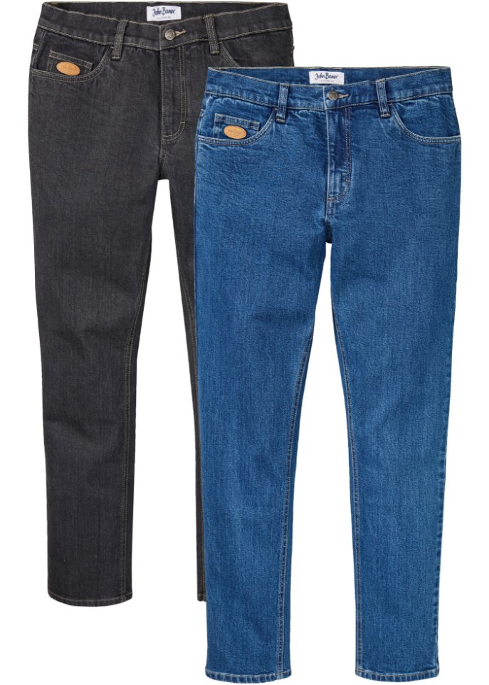 Regular Fit Stretch-Jeans mit recycelter Baumwolle, Straight (2er Pack) in schwarz von vorne - John Baner JEANSWEAR