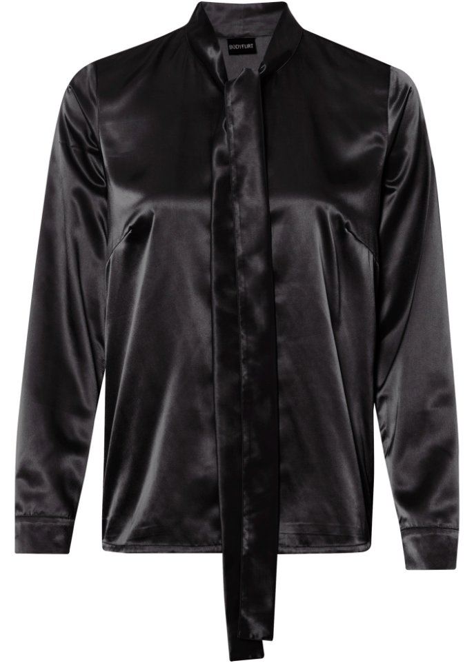 Satin-Bluse mit Schluppe in schwarz von vorne - BODYFLIRT