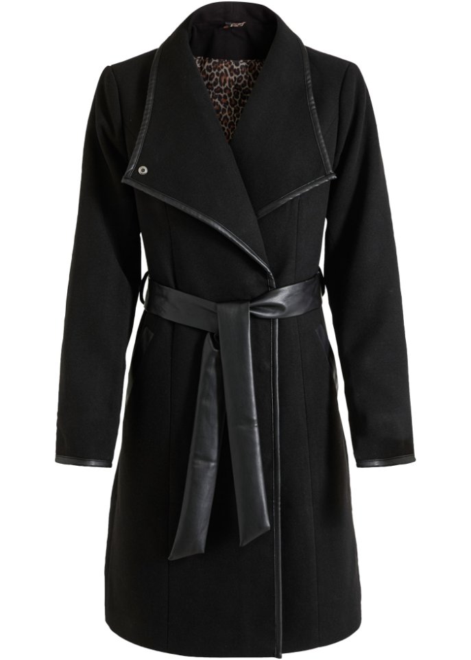 Mantel mit Lederimitat-Details in schwarz von vorne - BODYFLIRT