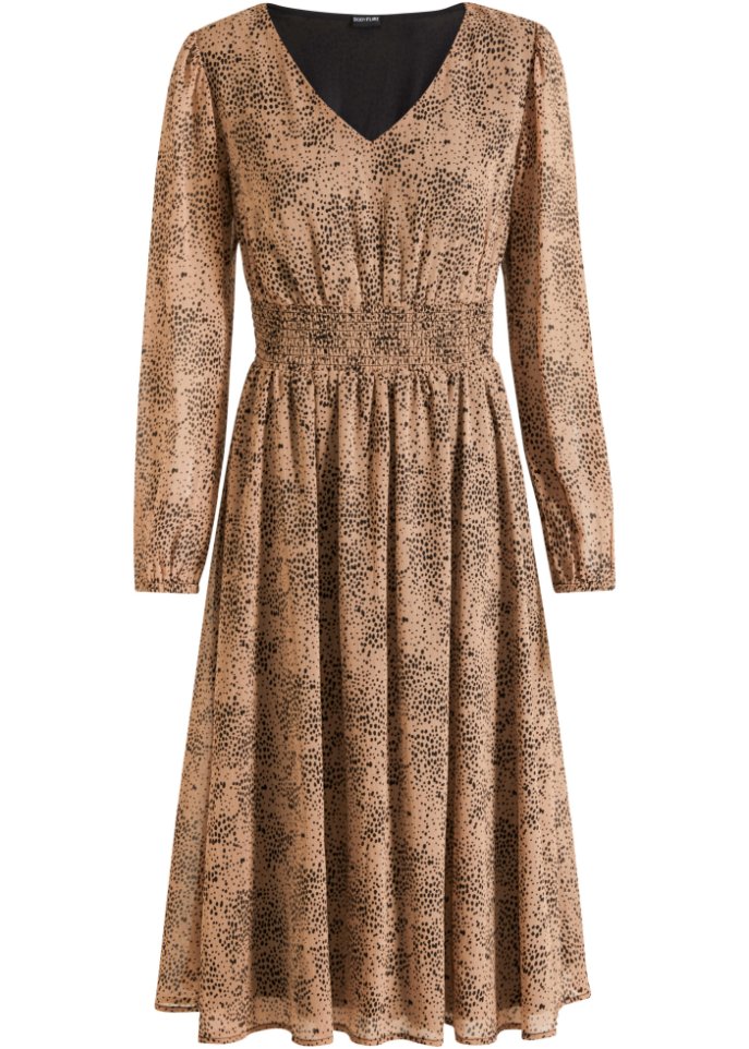 Chiffon-Kleid mit Smockeinsatz in braun von vorne - BODYFLIRT