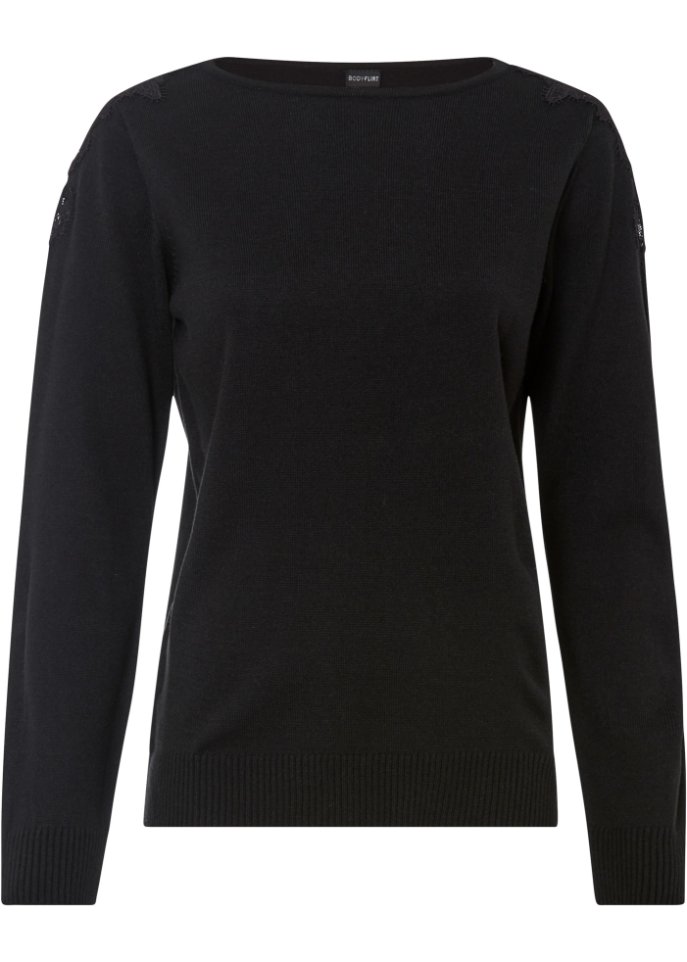 Pullover mit Spitze in schwarz von vorne - BODYFLIRT