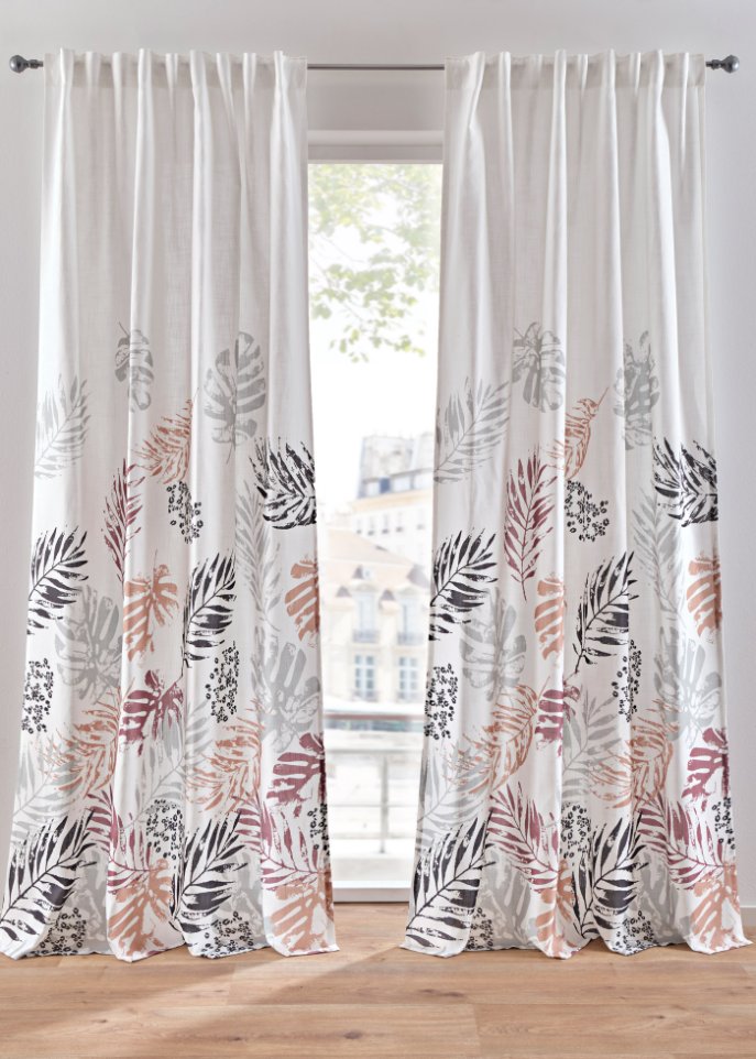 Vorhang aus recyceltem Polyester mit Blätterdruck (1er Pack) in weiß - bpc living bonprix collection