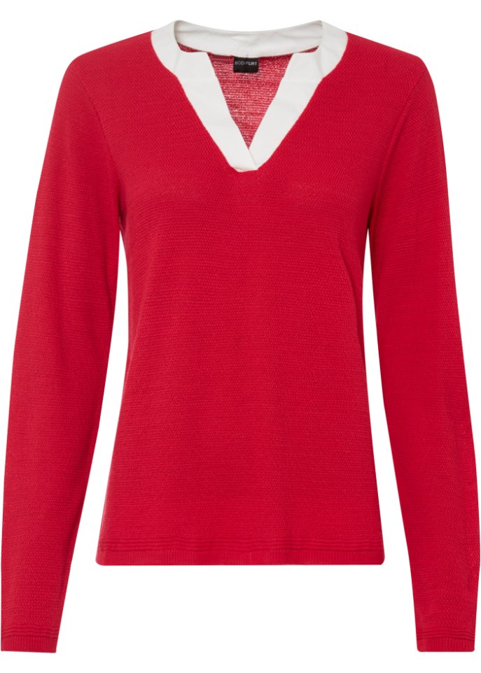 Pullover mit Bluseneinsatz in rot von vorne - BODYFLIRT