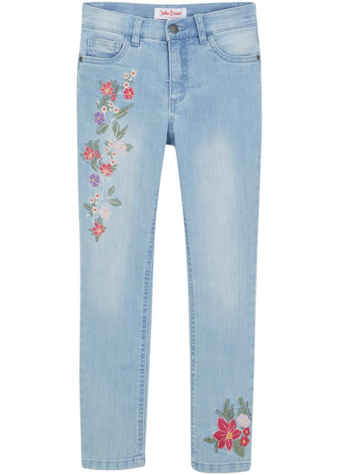 Mädchen Skinny-Jeans mit Blumenstickerei in blau von vorne - John Baner JEANSWEAR