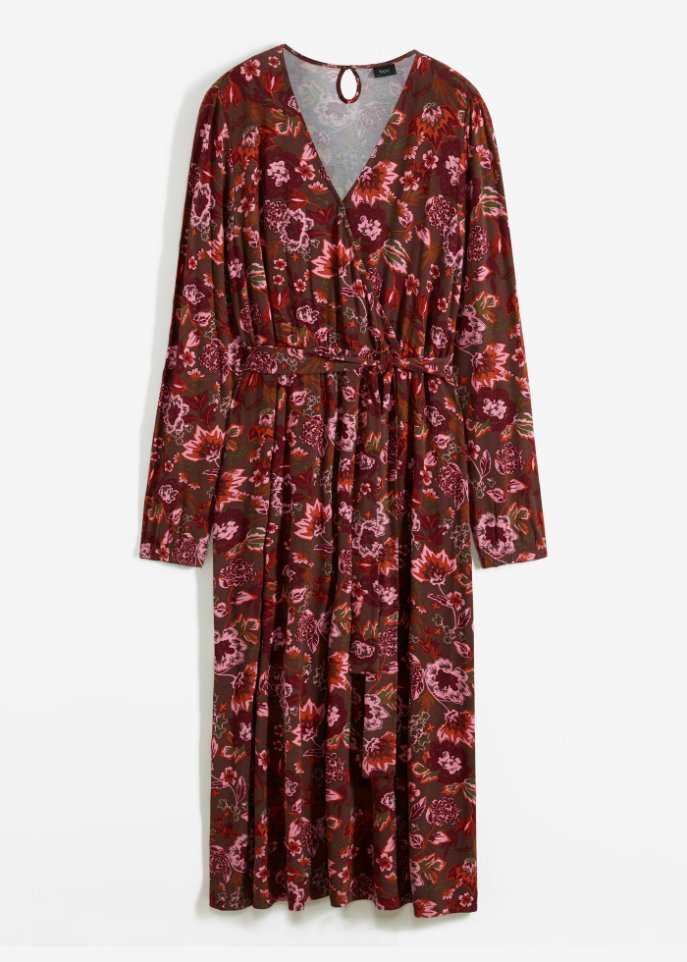 Jerseykleid mit V-Ausschnitt und Bindeband in braun von vorne - bpc bonprix collection