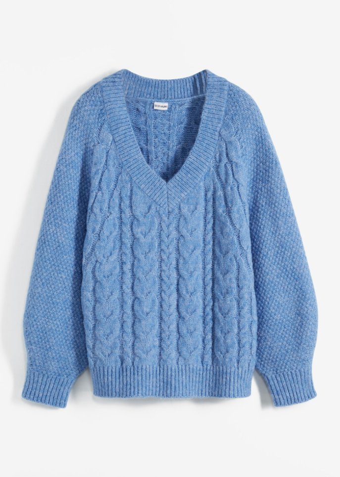 Pullover mit Zopfmuster in blau von vorne - BODYFLIRT