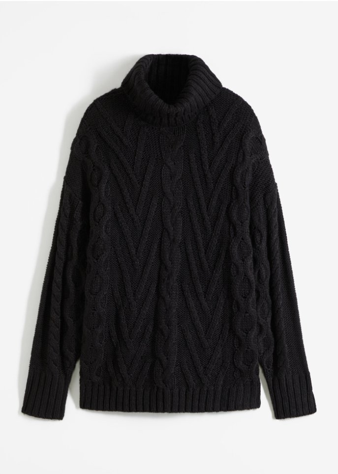 Rollkragen-Pullover mit Zopfmuster in schwarz von vorne - bpc bonprix collection