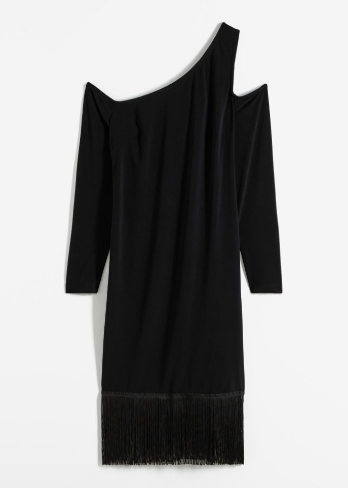 One-Shoulder-Kleid mit Fransen in schwarz von vorne - BODYFLIRT boutique