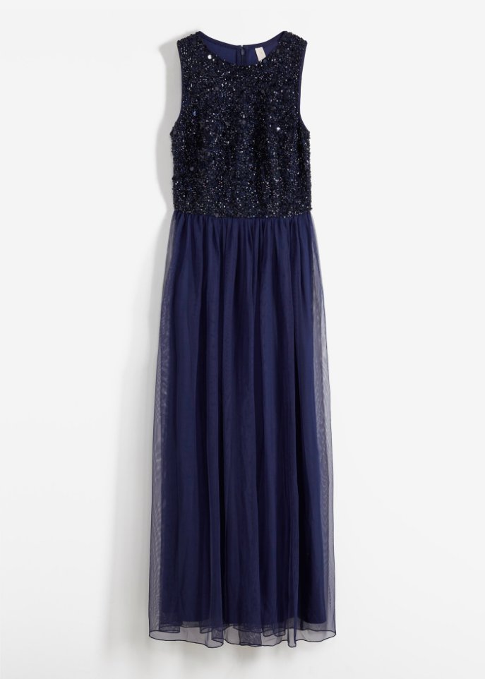 Kleid mit Glitzer und Mesheinsatz in blau von vorne - BODYFLIRT boutique