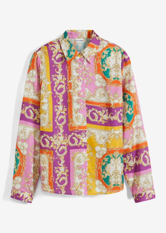 bedruckte Satin-Bluse aus recyceltem Polyester in lila von vorne - BODYFLIRT