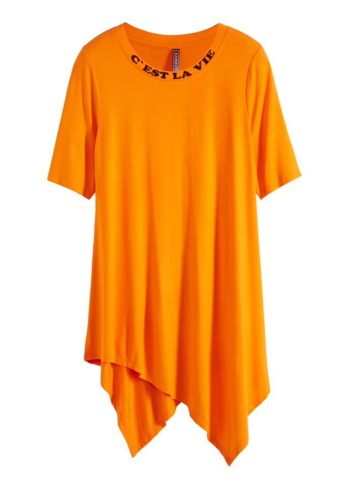Asymmetrisches Shirt mit Wording in orange von vorne - RAINBOW