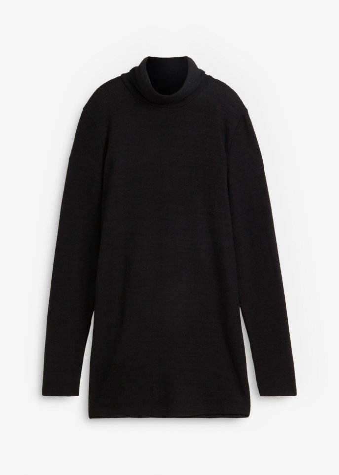 Fleece-Lonngshirt mit Rollkragen und Seitenschlitz in schwarz von vorne - bpc bonprix collection