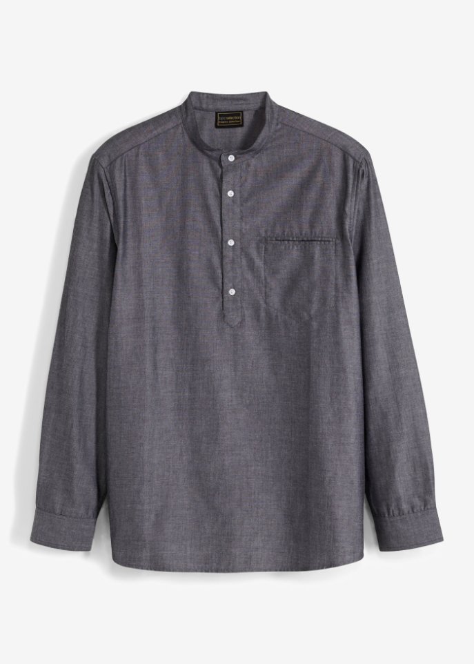 Langarmhemd mit Stehkragen aus Baumwoll-Oxford in schwarz von vorne - bpc selection