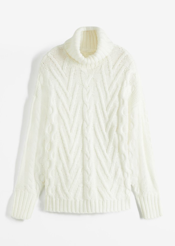 Rollkragen-Pullover mit Zopfmuster in weiß von vorne - bpc bonprix collection