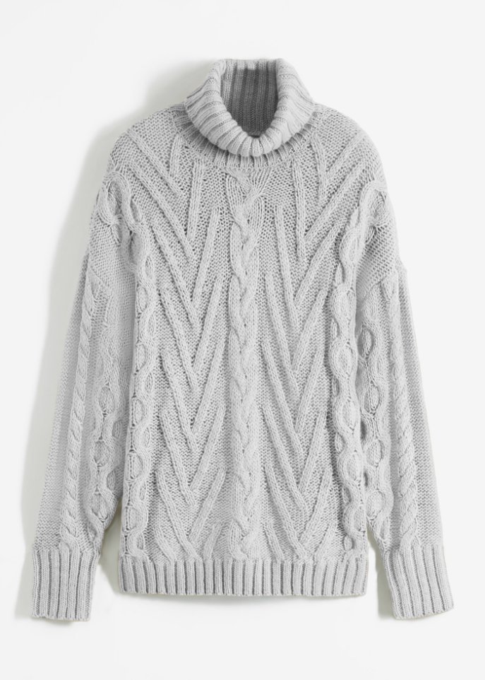 Rollkragen-Pullover mit Zopfmuster in grau von vorne - bpc bonprix collection