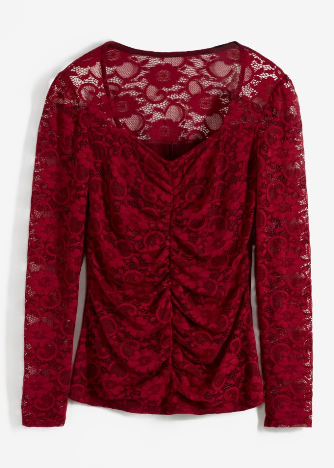 Langarmshirt mit Spitze  in rot von vorne - BODYFLIRT boutique