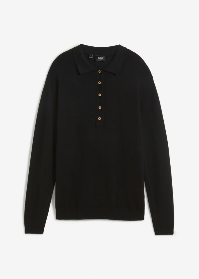 Feinstrick-Pullover mit Kragen und Knopfleiste in schwarz von vorne - bpc bonprix collection