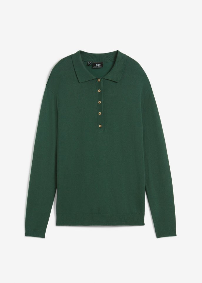 Feinstrick-Pullover mit Kragen und Knopfleiste in grün von vorne - bpc bonprix collection