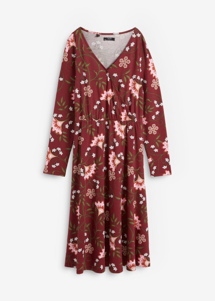 Langärmliges Jerseykleid mit V-Ausschnitt und Blumendruck hübschen
