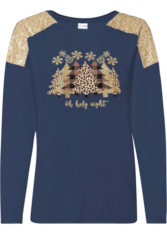 Oversize-Shirt mit Weihnachtsmotiv und schönen Pailletten  in blau von vorne - BODYFLIRT boutique