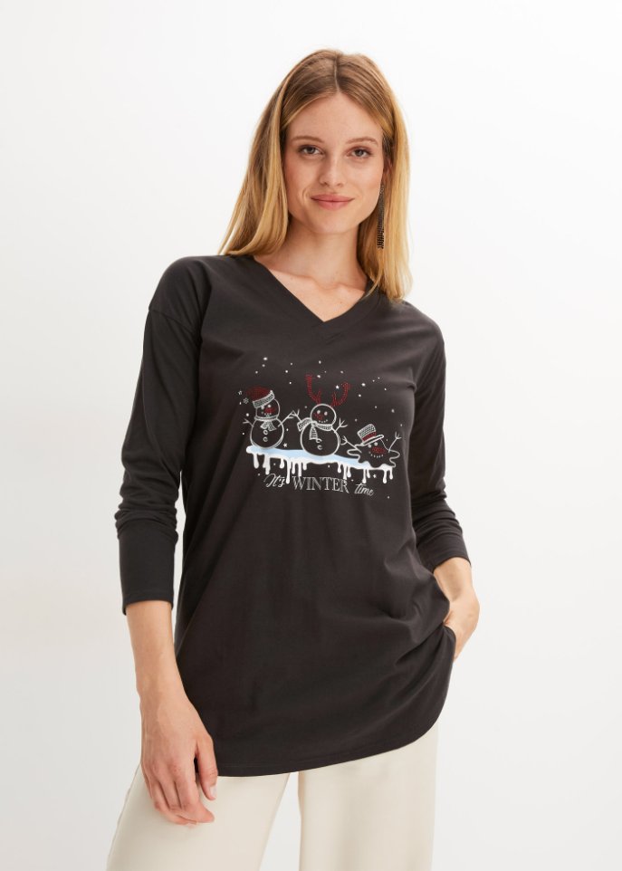 Shirt mit Weihnachtsmotiv in schwarz von vorne (im Anschnitt) - BODYFLIRT