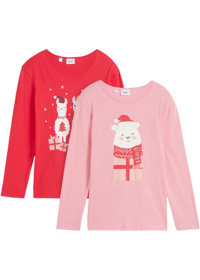Mädchen Langarmshirt mit Weihnachtsmotiv (2er Pack) aus Bio-Baumwolle in rosa von vorne - bpc bonprix collection